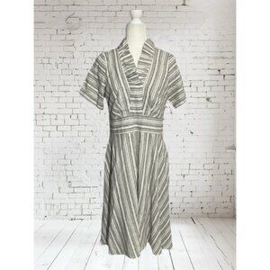 Chris McLaughlin Linen Blend Striped Ruffle Neck Midi Dress Size 10 BOHO